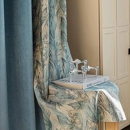Rideau Semi Occultant - Bleu Et Motifs Feuilles